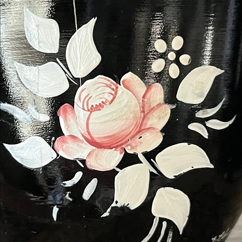 Vintage Pilgrim Glass Black Amethyst Hand-Painted Vase & Covered Jar Set 3 Pc